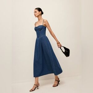 NWOT Commense Sweetheart Collar Denim Dress in Dark Denim Blue